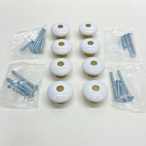 Vintage‎ Lot of 8 White Porcelain & Gold Tone Cabinet Dresser Desk Vanity Knobs - Picture 1 of 9